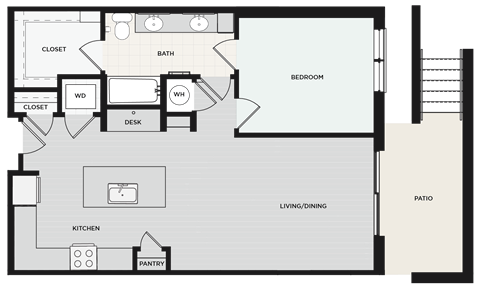 Floor plan for 1 bed, 1 bath, 859 sqft